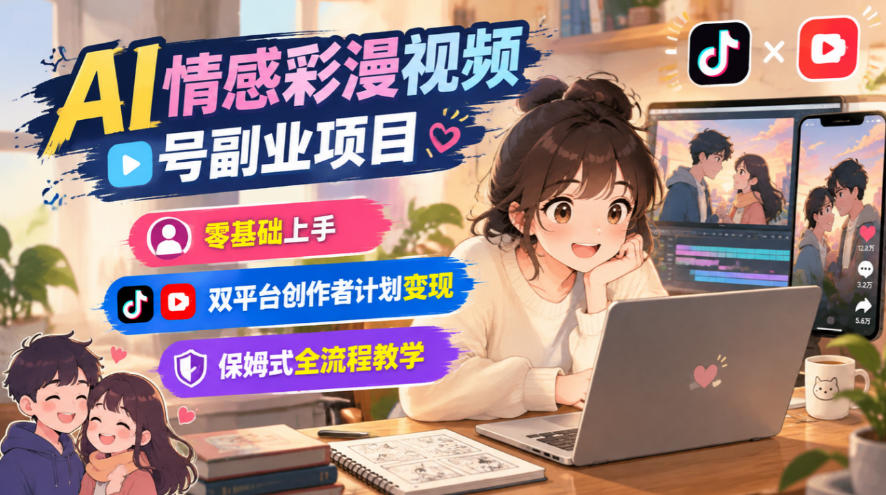 AI情感彩漫视频号副业项目，零基础上手，双平台创作者计划变现，保姆式全流程教学-迦哆网创社