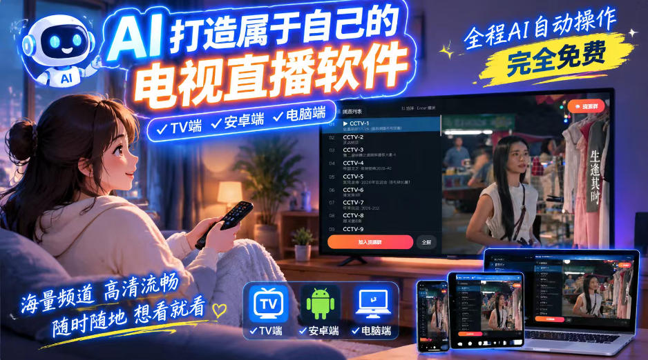 一个提示词，AI全自动做出电视直播软件，电脑、安卓、电视三端通用，完全免费，画质流畅不卡顿-迦哆网创社