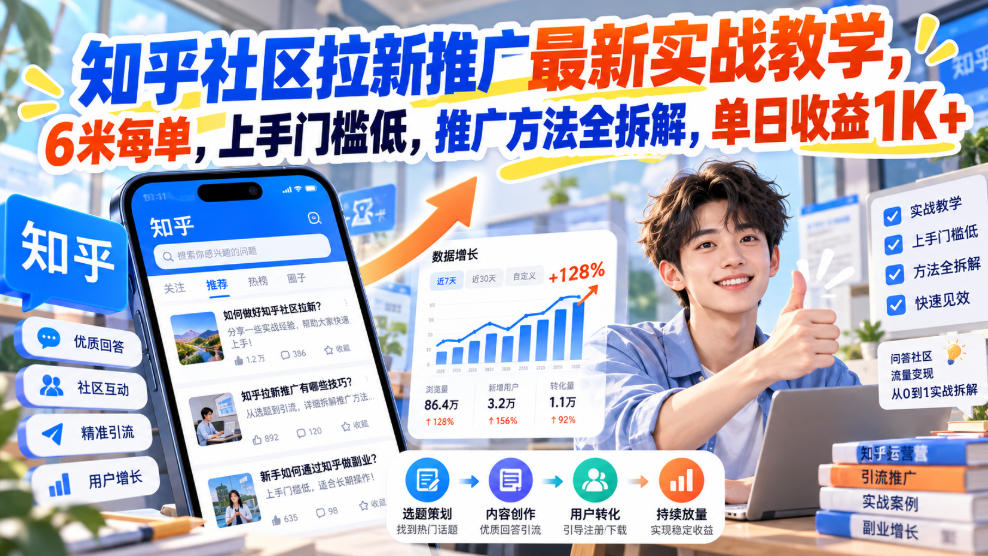 知乎社区拉新推广最新实战教学，6米每单，上手门槛低，推广方法全拆解，单日收益1K+！(更新1010)-迦哆网创社