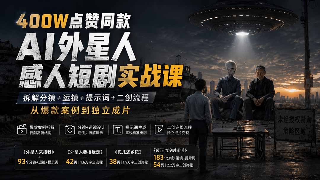 400W点赞同款AI外星人感人短剧实战课-更新1009:拆解分镜+运镜+提示词+二创流程,从爆款案例到独立成片-迦哆网创社