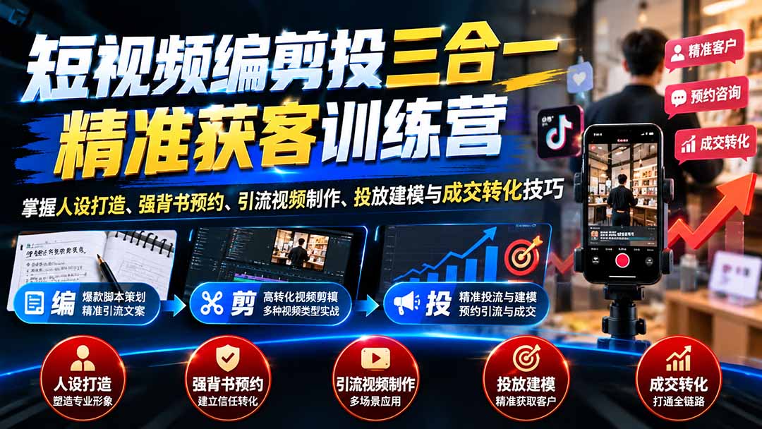 短视频编剪投三合一精准获客训练营:掌握人设打造、强背书预约、引流视频制作、投放建模与成交转化技巧-迦哆网创社