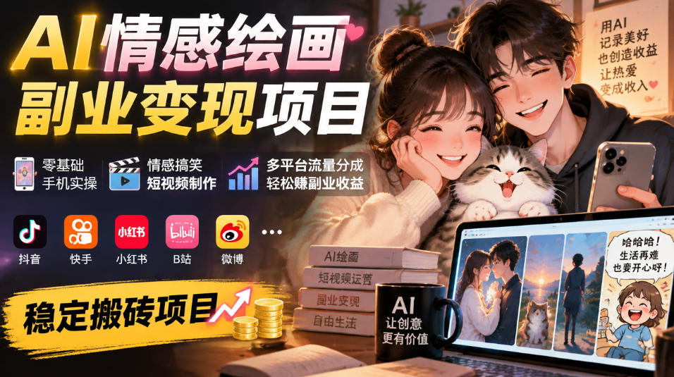 AI情感绘画副业变现项目｜零基础手机实操，情感搞笑短视频制作，多平台流量分成轻松賺副业收益-迦哆网创社
