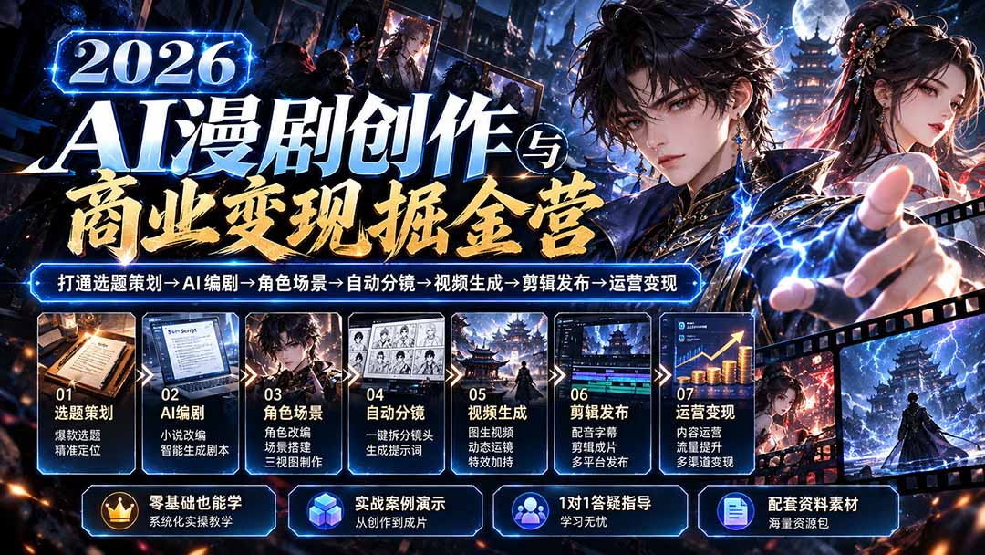 【无水印】2026AI漫剧创作与商业变现掘金营:打通选题→AI编剧→角色场景→自动分镜→视频生成→剪辑发布→运营变现-迦哆网创社