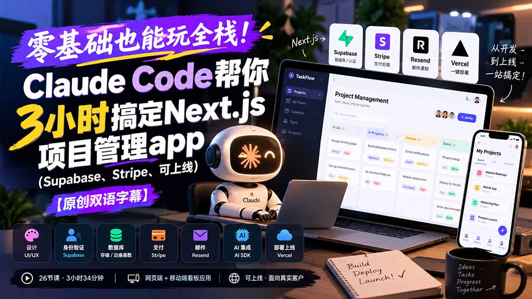 零基础也能玩全栈!Claude Code帮你3小时搞定Next.js项目管理app(Supabase、Stripe、可上线-迦哆网创社