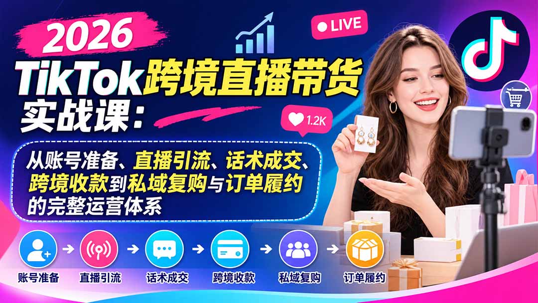 2026TikTok跨境直播带货实战课：从账号准备、直播引流、话术成交、跨境收款到私域复购与订单履约的完整运营体系-迦哆网创社