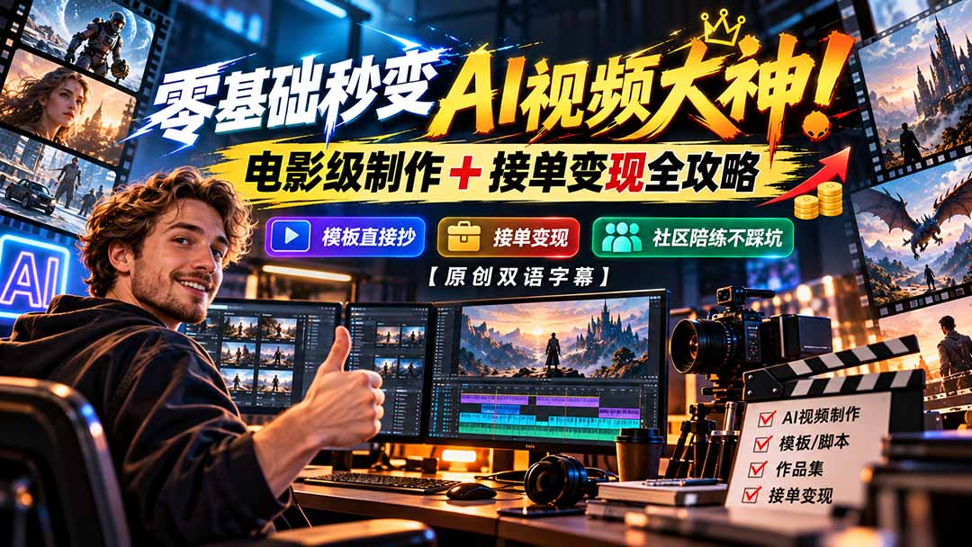 零基础秒变AI视频大神！电影级制作 + 接单变现全攻略，模板直接抄，社区陪练不踩坑【原创双语字幕】-迦哆网创社