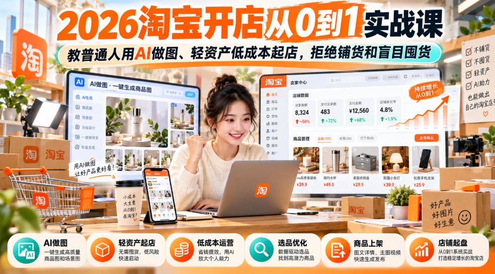 2026淘宝开店从0到1实战课,教普通人用AI做图、轻资产低成本起店,拒绝铺货和盲目囤货-迦哆网创社