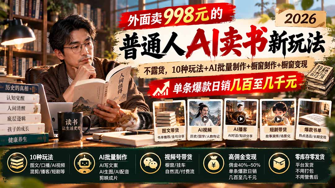 外面卖998元的2026普通人AI卖书新玩法:不露脸、不囤货,10种玩法+AI批量制作+橱窗变现,单条爆款日销几百至几千元-迦哆网创社