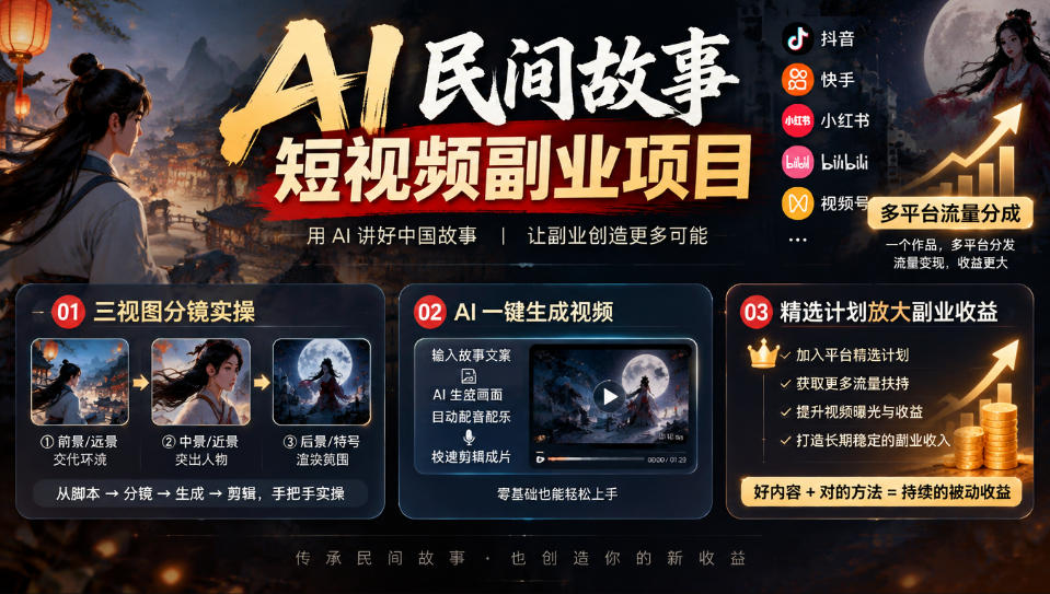AI民间故事短视频副业项目，多平台流量分成，三视图分镜实操，精选计划放大副业收益-迦哆网创社
