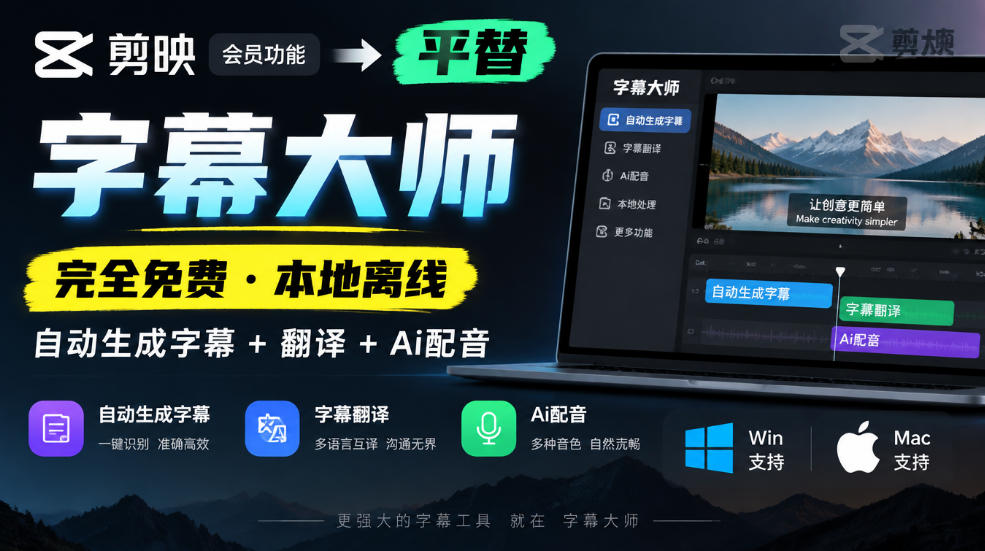 剪映会员功能平替，字幕大师完全免费本地离线，支持自动生成字幕+翻译+Ai配音，Win和Mac都支持！-迦哆网创社
