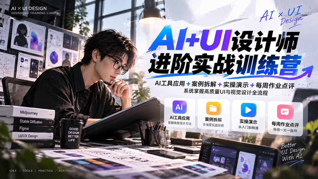【无水印】AI+UI设计师进阶训练营-第4期:AI工具应用+案例拆解+实操演示+作业点评,掌握高质量UI与视觉设计全流程-迦哆网创社