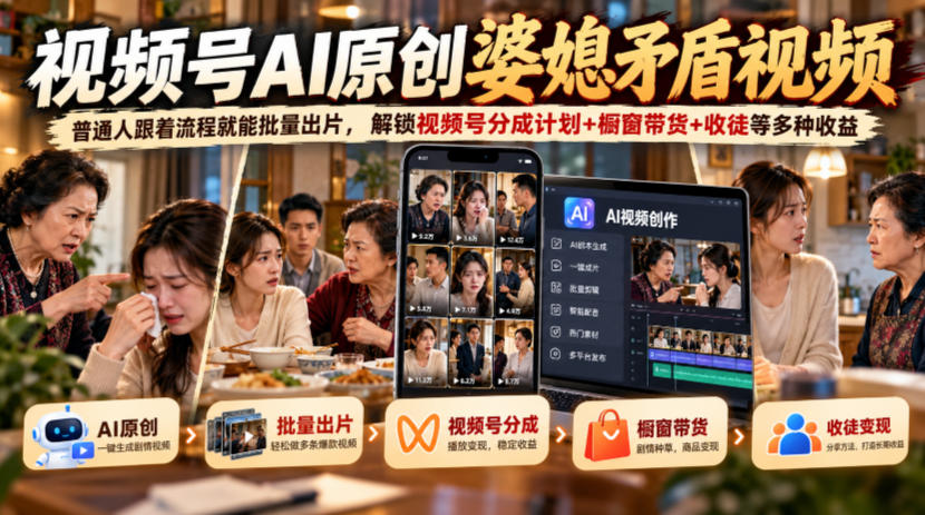 视频号ai原创婆媳矛盾视频，普通人跟着流程就能批量出片，解锁视频号分成计划+橱窗带货+收徒等多种收益-迦哆网创社