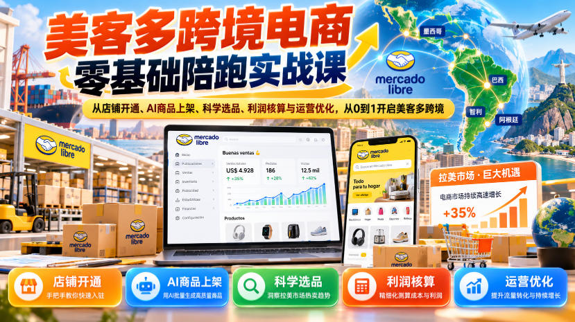 美客多跨境电商零基础陪跑实战课:从店铺开通、AI商品上架、科学选品、利润核算与运营优化,从0到1开启美客多跨境-迦哆网创社