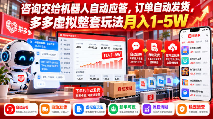 咨询交给机器人自动应答，订单自动发货，多多虚拟整套玩法月入1-5W【揭秘】-迦哆网创社