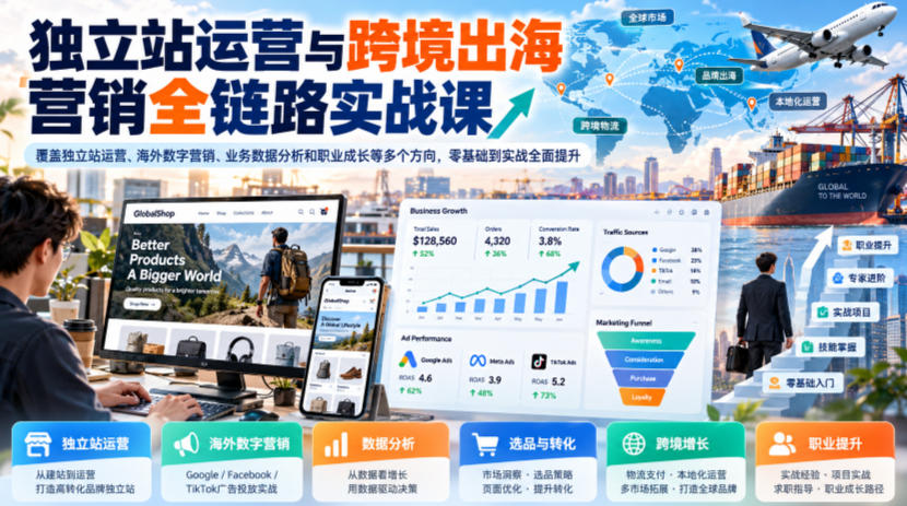 独立站运营与跨境出海营销全链路实战课，覆盖独立站运营、海外数字营销、业务数据分析和职业成长等多个方向，零基础到实战全面提升-迦哆网创社