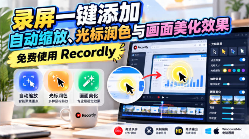 录屏一键添加自动缩放、光标润色与画面美化效果，免费使用Recordly-迦哆网创社
