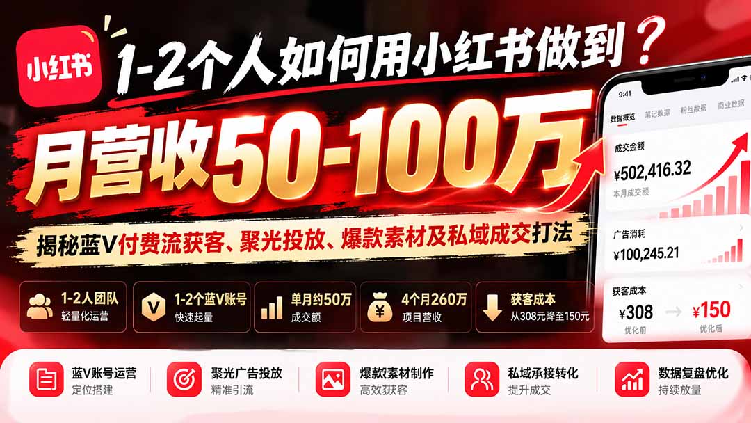 1-2个人如何用小红书做到月营收50-100万？揭秘蓝V付费流获客、聚光投放、爆款素材及私域成交打法-迦哆网创社