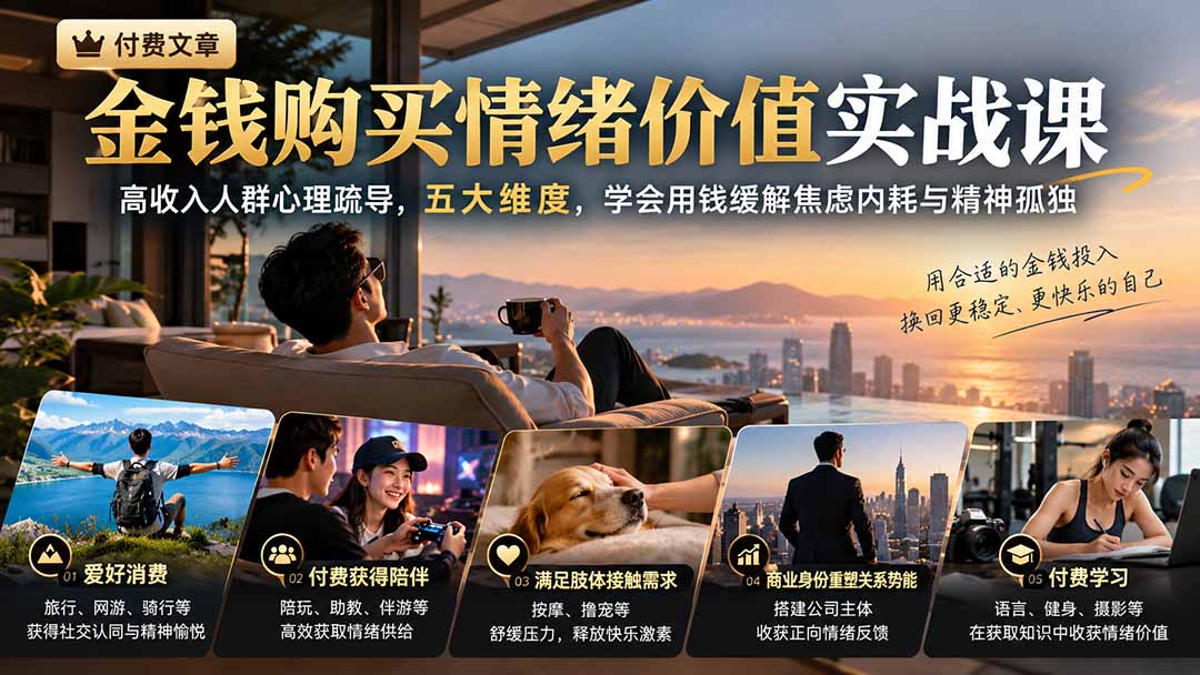 付费文章：金钱购买情绪价值实战课｜高收入人群心理疏导，五大维度，学会用钱缓解焦虑内耗与精神孤独-迦哆网创社