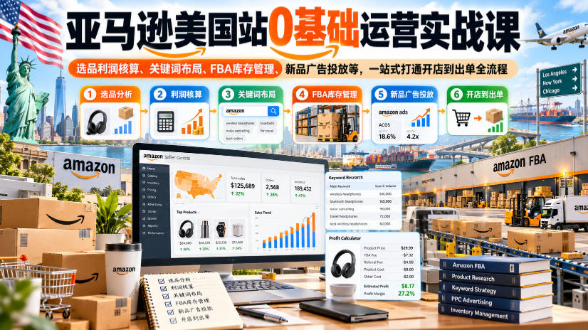 亚马逊美国站0基础运营实战课｜选品利润核算、关键词布局、FBA库存管理、新品广告投放等，一站式打通开店到出单全流程-迦哆网创社