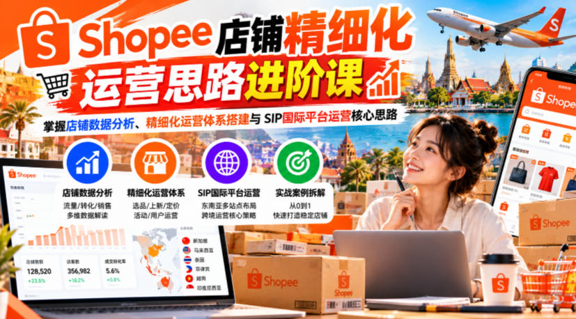 Shopee店铺精细化运营思路进阶课，掌握店铺数据分析、精细化运营体系搭建与SIP国际平台运营核心思路-迦哆网创社