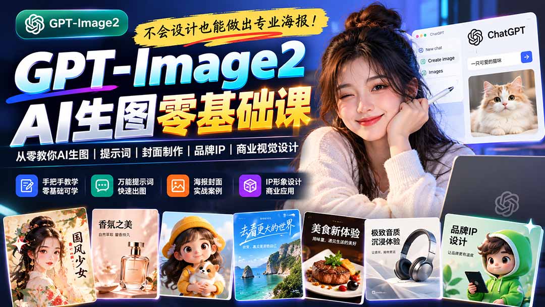不会设计也能做出专业海报！GPT-Image2从零教你AI生图、提示词、封面制作、品牌IP与商业视觉设计-迦哆网创社
