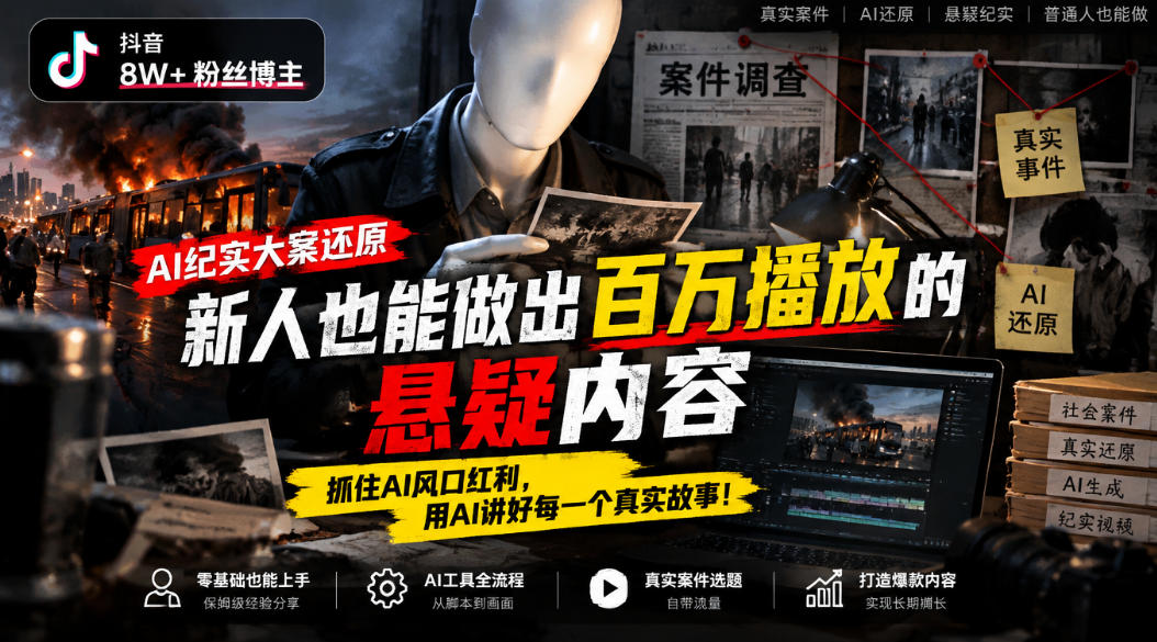 抖音8W粉丝博主的AI纪实大案还原教学，新人也能做出百W播放的悬疑内容，抓住AI风口红利，用AI讲好每一个真实故事(更新1014)-迦哆网创社
