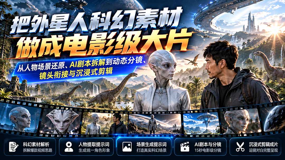 把外星人科幻素材做成电影级大片：从人物场景还原、AI剧本拆解到动态分镜、镜头衔接与沉浸式剪辑-迦哆网创社