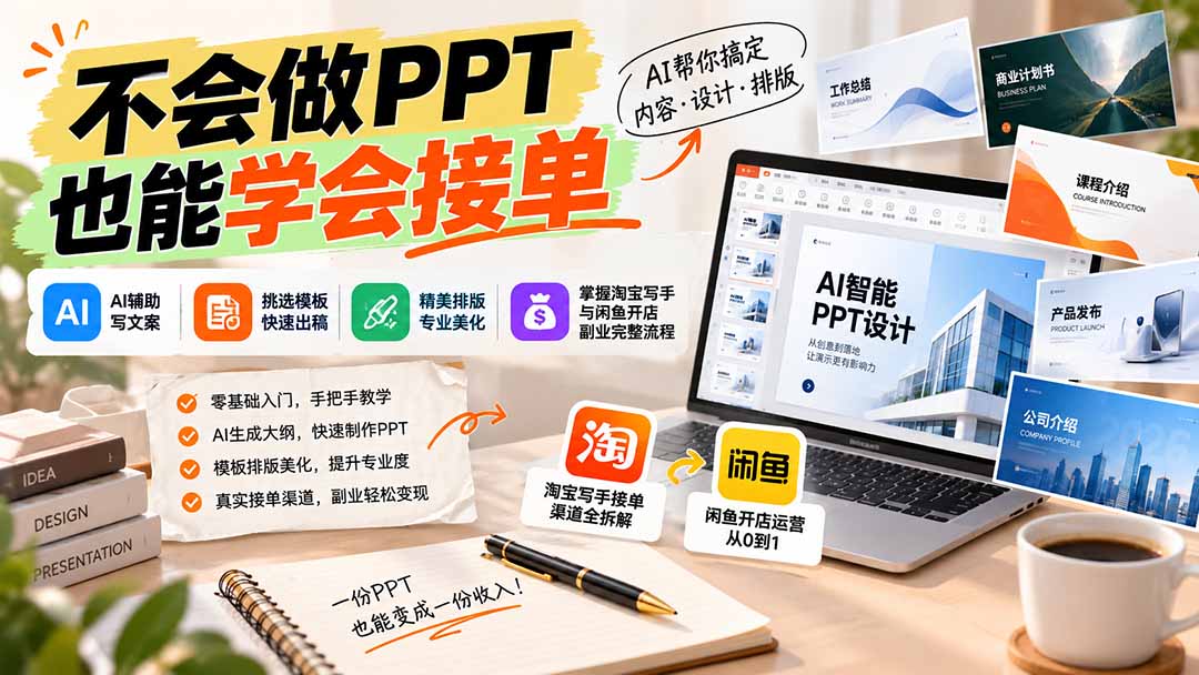 不会做PPT也能学会接单：AI辅助写文案、挑模板、做排版，掌握淘宝写手与闲鱼开店副业完整流程-迦哆网创社