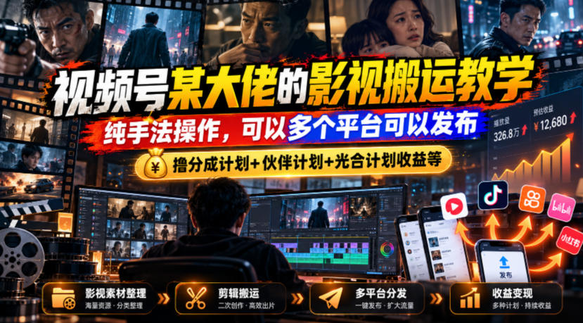 视频号某大佬的影视搬运教学,纯手法操作,可以多个平台可以发布,撸分成计划+伙伴计划+光合计划收益等-迦哆网创社