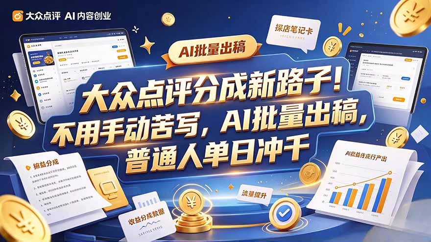 大众点评副业新玩法，工具提效解放双手，批量做笔记，单日可破千-迦哆网创社