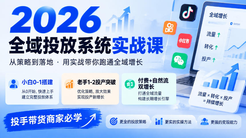 2026全域投放系统实战课，小白0-1搭建，老手1-2投产突破，付费+自然流双增长，投手带货商家必学-迦哆网创社
