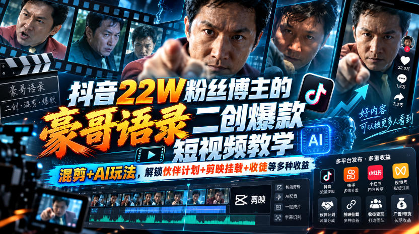 抖音22W粉丝博主的豪哥语录二创爆款短视频教学，混剪+AI玩法，解锁伙伴计划+剪映挂载+收徒等多种收益-迦哆网创社