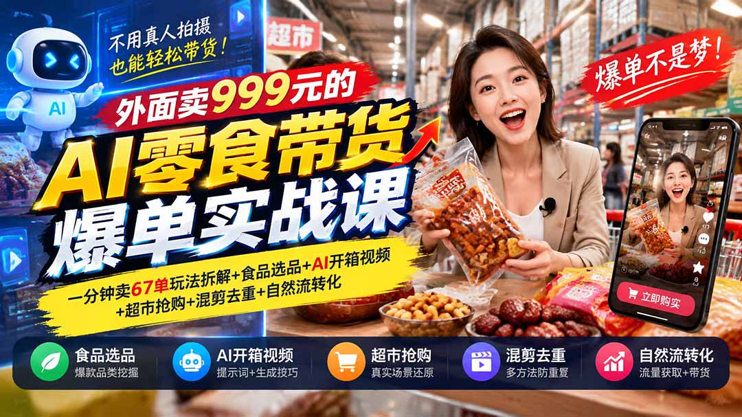 外面卖999元的AI零食带货爆单实战课｜一分钟卖67单玩法拆解+食品选品+AI开箱视频+超市抢购+混剪去重+自然流转化-迦哆网创社