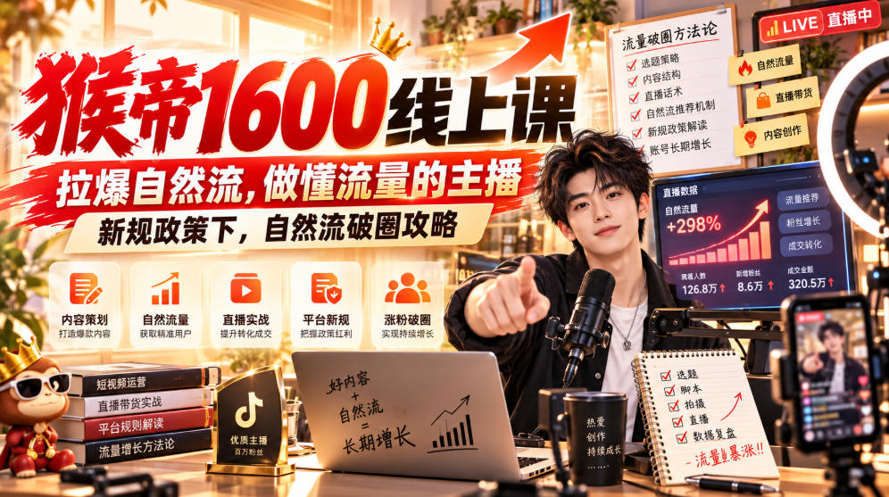 猴帝1600线上课,拉爆自然流,做懂流量的主播,新规政策下,自然流破圈攻略【更新261017】-迦哆网创社