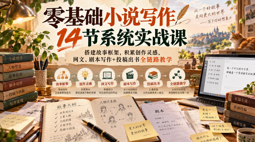零基础小说写作14节系统实战课，搭建故事框架，积累创作灵感，网文、剧本写作+投稿出书全链路教学-迦哆网创社