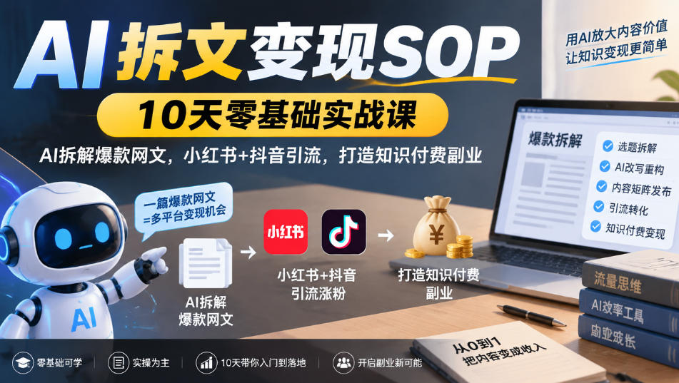 AI拆文变现SOP｜10天零基础实战课，AI拆解爆款网文，小红书+抖音引流，打造知识付费副业-迦哆网创社