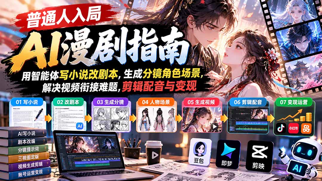 【无水印】普通人入局AI漫剧指南：用智能体写小说改剧本，生成分镜角色场景，解决视频衔接难题，剪辑配音与变现-迦哆网创社