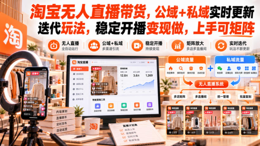 淘宝无人直播带货，公域+私域实时更新迭代玩法，稳定开播变现做，上手可矩阵【揭秘】-迦哆网创社