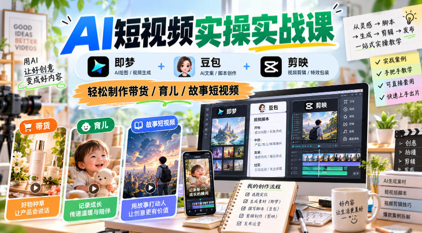 AI短视频实操实战课,即梦+豆包+剪映,轻松制作带货/育儿/故事短视频-迦哆网创社