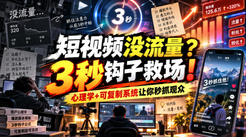 【无水印】短视频没流量？3秒钩子救场！心理学+可复制系统让你秒抓观众【原创双语字幕】-迦哆网创社