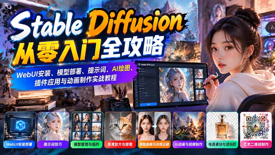 Stable Diffusion从零入门全攻略:WebUI安装、模型部署、提示词、AI绘图、插件应用与动画制作实战教程-迦哆网创社