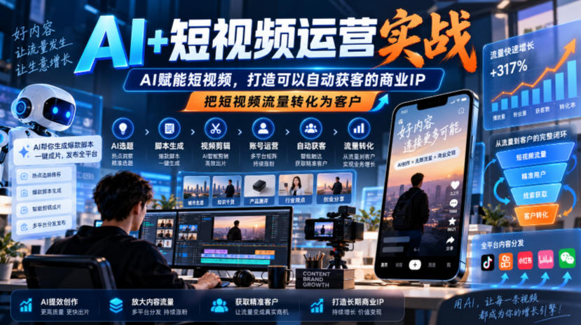 AI+短视频运营实战，AI赋能短视频，打造可以自动获客的商业IP，把短视频流量转化为客户-迦哆网创社