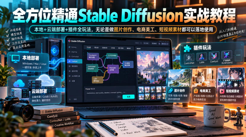 全方位精通Stable Diffusion实战教程｜本地+云端部署+插件全玩法，无论是做图片创作、电商美工、短视频素材都可以落地使用-迦哆网创社