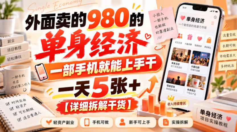 外面卖的980的单身经济，一部手机就能上手干，一天5张+【详细拆解干货】-迦哆网创社