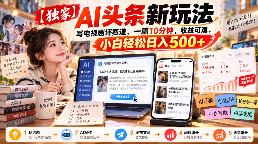 【独家】AI头条新玩法，写电视剧评赛道，一篇10分钟，收益可观，小白轻松日入500+-迦哆网创社
