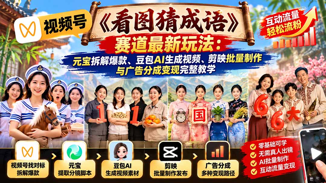 视频号《看图猜成语》赛道最新玩法：元宝拆解爆款、豆包AI生成视频、剪映批量制作与广告分成变现完整教学-迦哆网创社