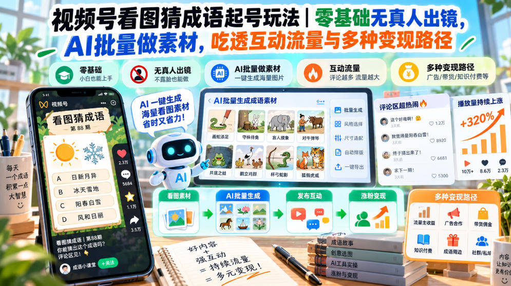 视频号看图猜成语起号玩法｜零基础无真人出镜，AI批量做素材，吃透互动流量与多种变现路径-迦哆网创社