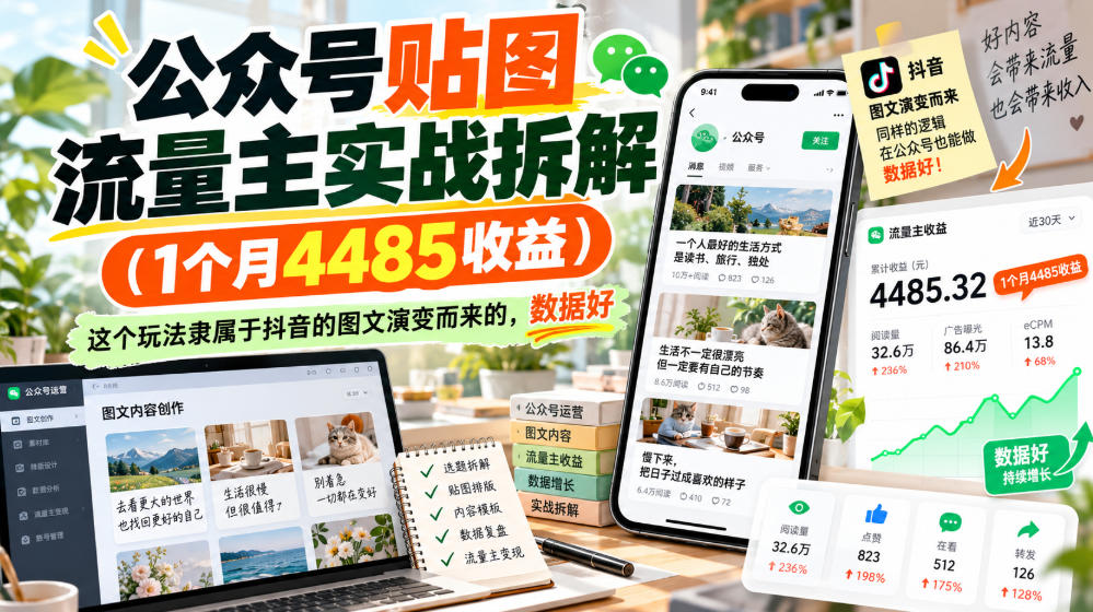 公众号贴图流量主实战拆解(1个月4485收益)，这个玩法隶属于抖音的图文演变而来的，数据好-迦哆网创社