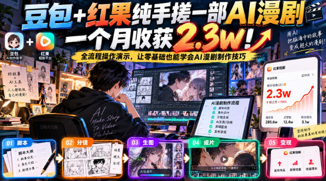 豆包+红果纯手搓一部AI漫剧一个月收获2.3w！全流程操作演示，让零基础也能学会AI漫剧制作技巧-迦哆网创社