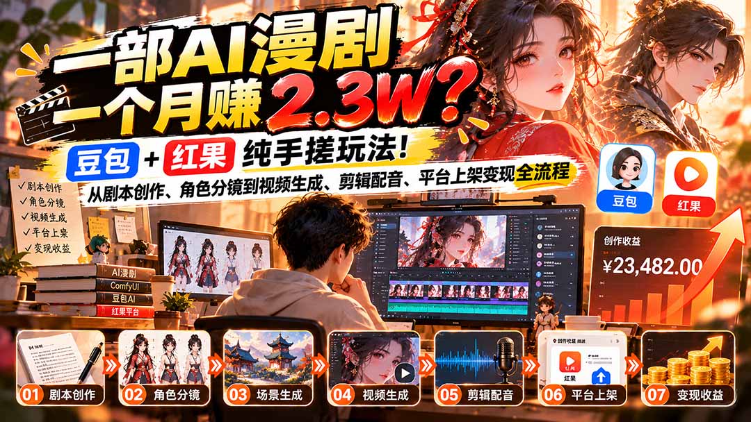 一部AI漫剧一个月赚2.3W?豆包+红果纯手搓玩法!从剧本创作、角色分镜到视频生成、剪辑配音、平台上架变现全流程-迦哆网创社